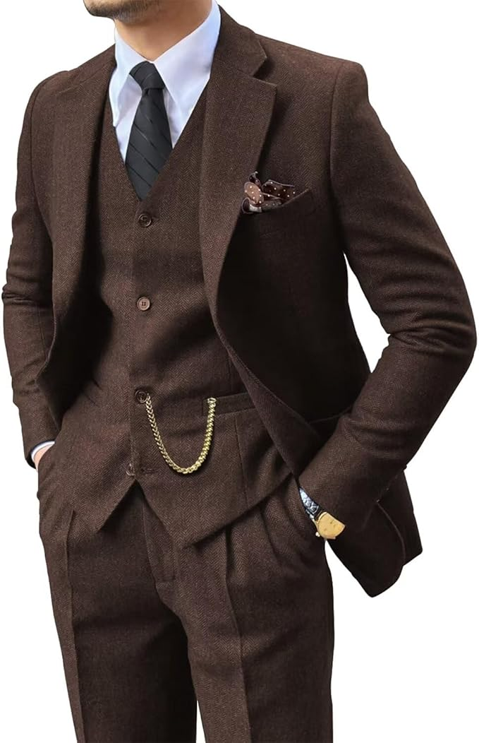 Men's Retro Tweed Herringbone 3 Piece Suit