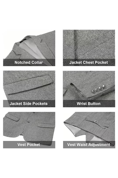 Men's Retro Tweed Herringbone 3 Piece Suit